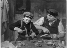 Man and boy making shoes. Reproduction of a painting by Louis Emile Adan (1839-1937), © Braun & Co., N.Y. (Source: Wikimedia Commons) Man and boy making shoes. Reproduction of a painting by Louis Emile Adan (1839-1937), © Braun & Co., N.Y. (Source: Wikimedia Commons)
