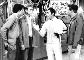 US TV sitcom Happy Days, 1975, broadcast by ABC. Pictured are Potsie (Anson Williams), Richie (Ron Howard), Fonzie (Henry Winkler) and Ralph Malph (Donny Most) (Source: Wikimedia Commons) US TV sitcom Happy Days, 1975, broadcast by ABC. Pictured are Potsie (Anson Williams), Richie (Ron Howard), Fonzie (Henry Winkler) and Ralph Malph (Donny Most) (Source: Wikimedia Commons)