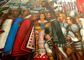 Taxcaltecans meets Hernan Cortez. Mural created by Desiderio Hernandez Xochitiotzin 1956-2000. Palacio de Gobierno, Tlaxcala City (Source: Wikimedia Commons) Taxcaltecans meets Hernan Cortez. Mural created by Desiderio Hernandez Xochitiotzin 1956-2000. Palacio de Gobierno, Tlaxcala City (Source: Wikimedia Commons)