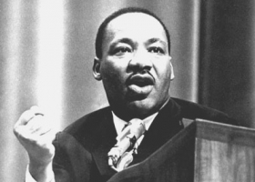 Martin Luther King, Jr. gives a speech during his MSU visit, 1965 (Source: Michigan State University archives) Martin Luther King, Jr. gives a speech during his MSU visit, 1965 (Source: Michigan State University archives)