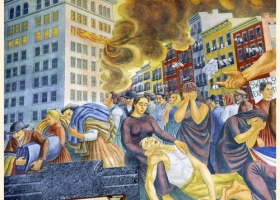 The Triangle Shirtwaist Factory fire in New York City on March 25, 1911, detail from a commemorative mural by Ernest Fiene, 1938–40, at the High School of Fashion Industries, New York The Triangle Shirtwaist Factory fire in New York City on March 25, 1911, detail from a commemorative mural by Ernest Fiene, 1938–40, at the High School of Fashion Industries, New York
