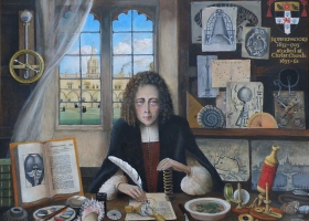 Robert Hooke, at Christ Church Oxford, where he studied surrounded by some of his inventions. Painting by Rita Greer 2011 (Source: Wikimedia Commons) Robert Hooke, at Christ Church Oxford, where he studied surrounded by some of his inventions. Painting by Rita Greer 2011 (Source: Wikimedia Commons)