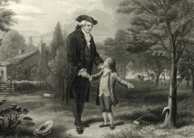 George Washington and the cherry tree. A lithograph by John C. McRae, 1867, after a painting by G. G. White George Washington and the cherry tree. A lithograph by John C. McRae, 1867, after a painting by G. G. White