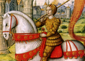 Joan of Arc depicted on horseback in an illustration from a 1505 manuscript Joan of Arc depicted on horseback in an illustration from a 1505 manuscript