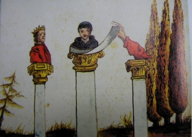 A king (Louis XVI), a clerk and a blade (a guillotine): Nostradamus predicts the French revolution. Illustration in Vaticinia Nostradami,1629. A king (Louis XVI), a clerk and a blade (a guillotine): Nostradamus predicts the French revolution. Illustration in Vaticinia Nostradami,1629.
