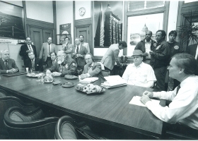 Frank Jordan meets with Doug Cuthbertson and other union leaders at City Hall, New York, during the 1994 newspaper strike Frank Jordan meets with Doug Cuthbertson and other union leaders at City Hall, New York, during the 1994 newspaper strike