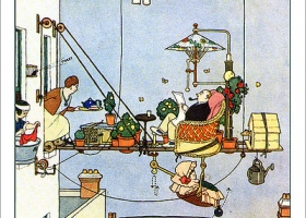 Contraption for the Lazy Father, W. Heath Robinson, 1872 - 1944 Contraption for the Lazy Father, W. Heath Robinson, 1872 - 1944