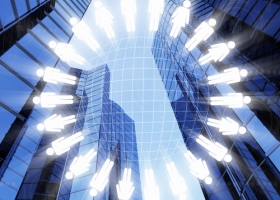 Corporate culture graphic Graphic of staff superimposed on a background of skyscrapers